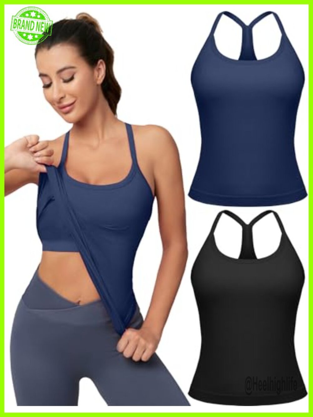2 Pack Women's Seamless Racerback Tank Tops with Built-in Bra Moisture Wicking